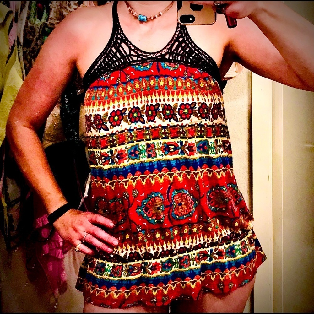 𝅺FREE People Red Galina's Drop Waist Crochet Tank We The Free FP